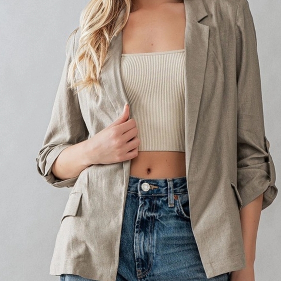#385 SALE 🛑S,M Boho Linen Open Front Roll Tab Sleeve Blazer - Picture 14 of 16